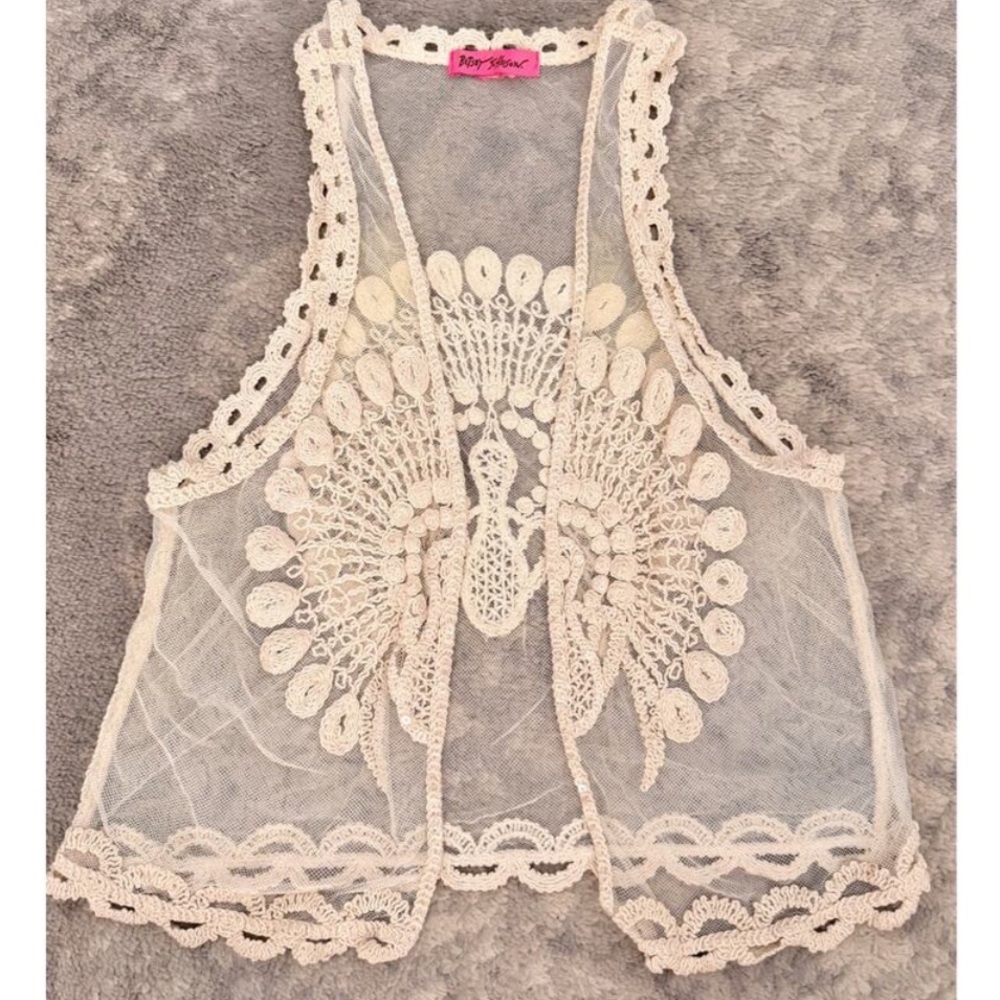 Betsey Johnson Ivory Mesh Peacock Vest Y2K Sheer Embroidered Festival